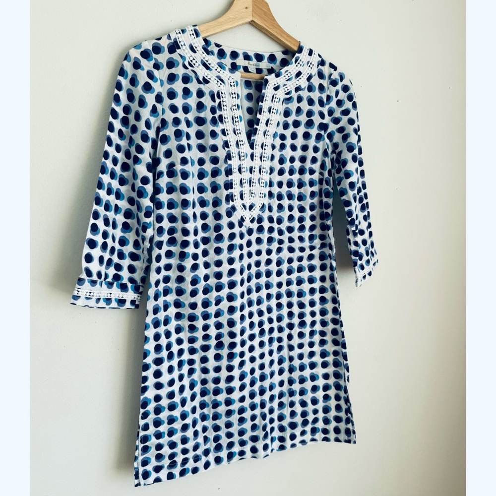 Boden Blue and White Polka Dot Tunic Dress with Embroidered Neckline - Picture 3 of 6